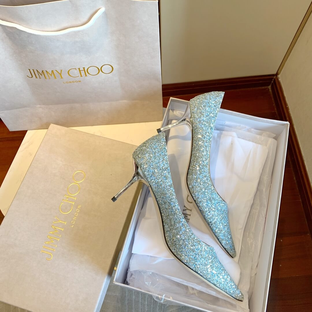 Jimmy Choo Silver Romy Glitter Fabric Pointy Toe Pumps 120011