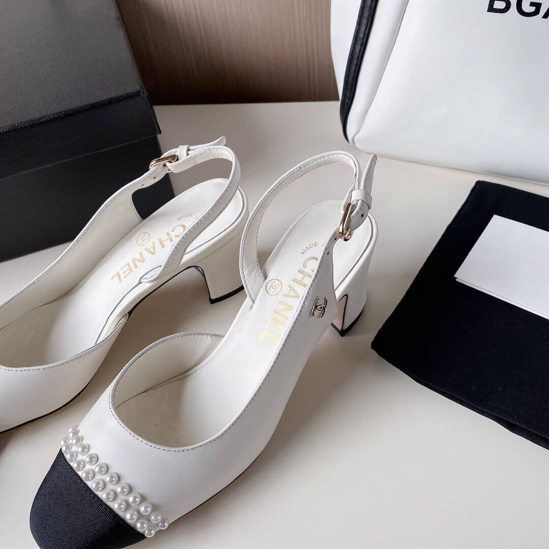 Chanel Pearl Embellished CC Cap Toe Slingbacks 36124