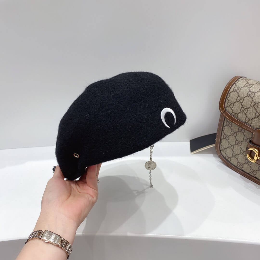 Marine Serre Moon Embroidered Merino Wool Beret 1305