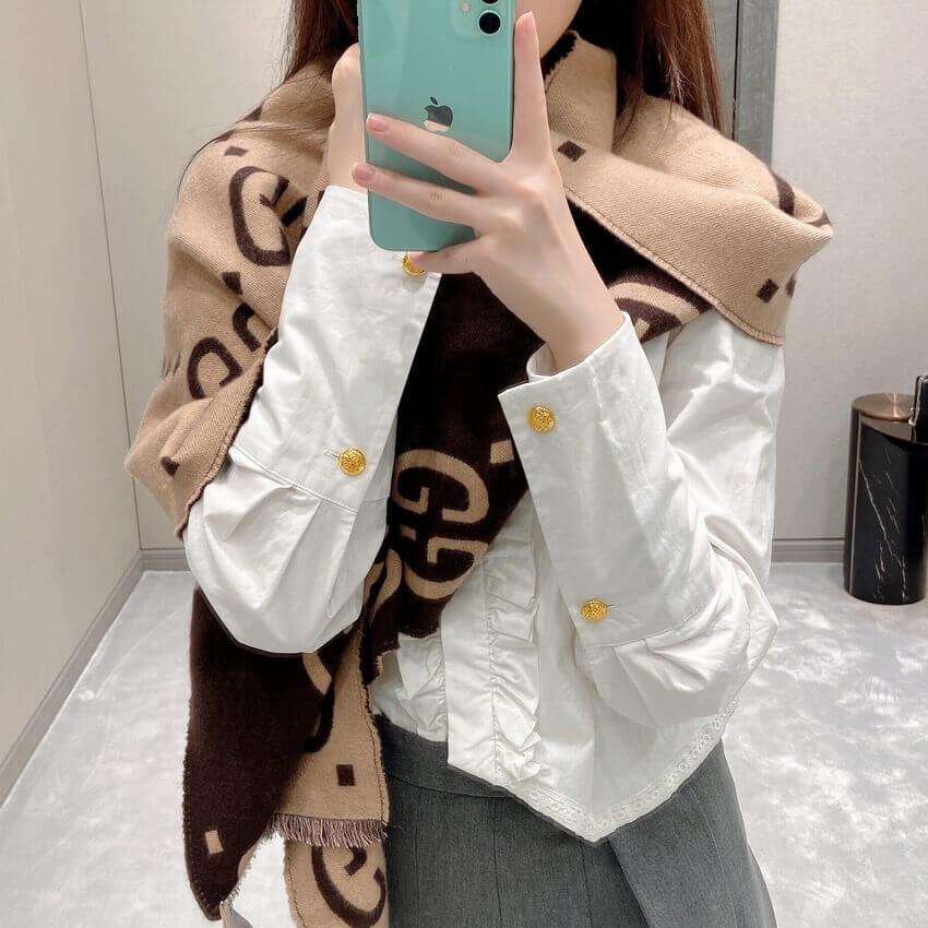 Gucci GG Jacquard Wool Silk Scarf 495592a