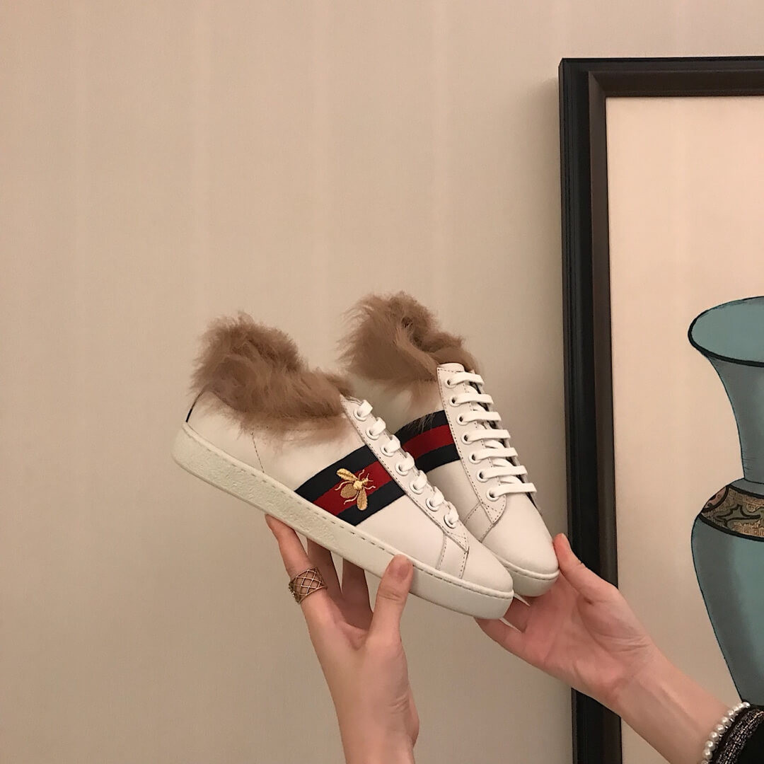 Gucci Ace Sneakers Leather White Stripes Bees Gold Lamb Fur 428715