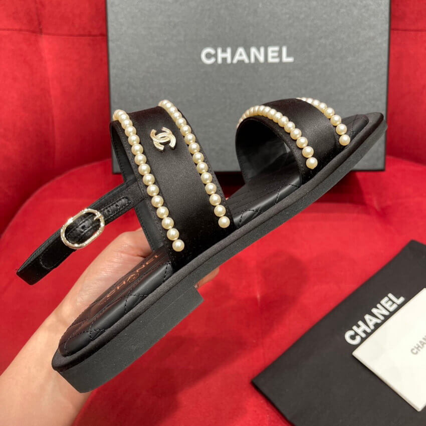 Chanel Satin & Imitation Pearls Sandals G38423 Black