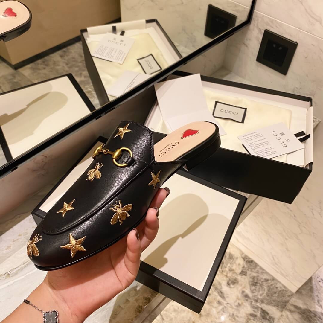 Gucci Princetown Embroidered Leather Slipper 505268 Black