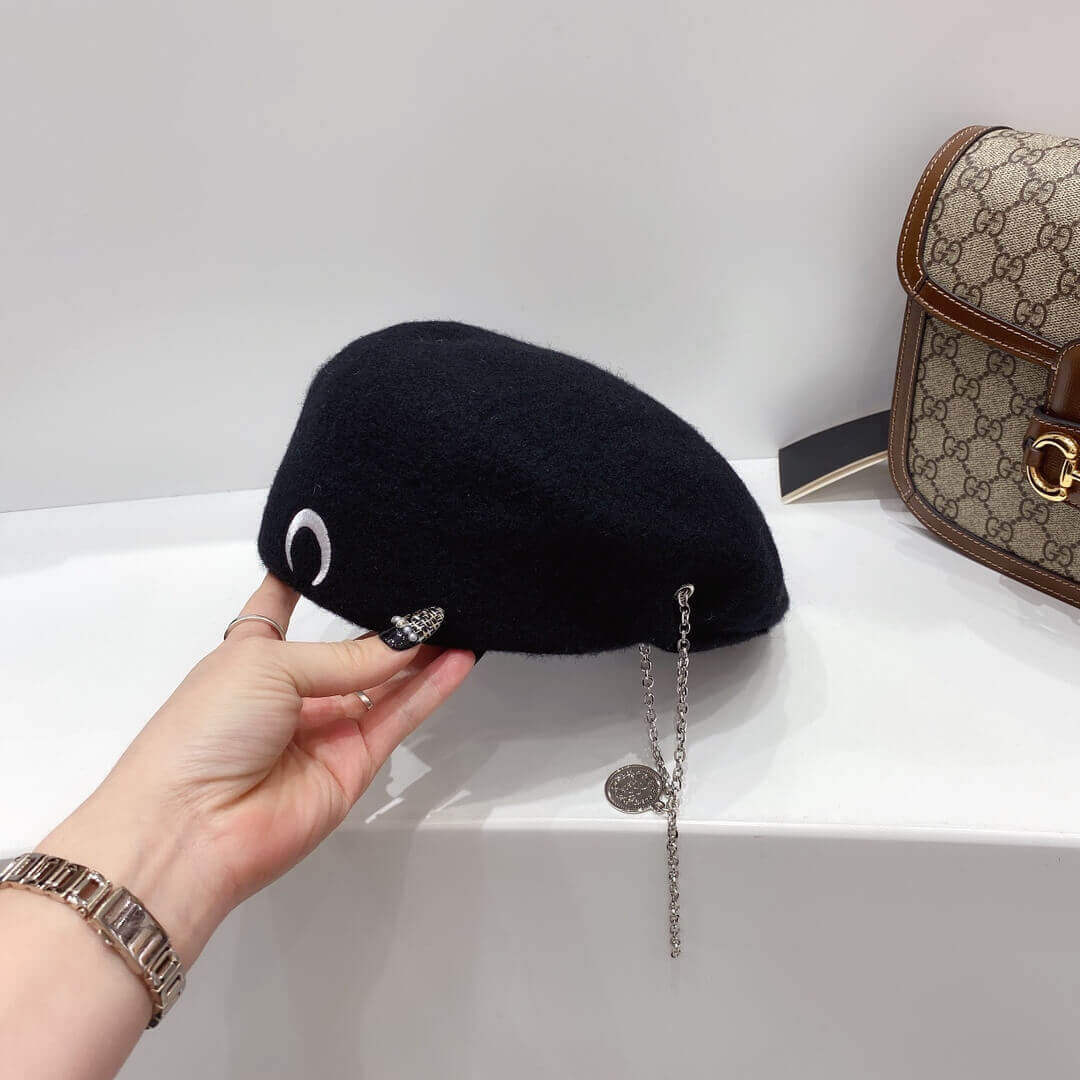 Marine Serre Moon Embroidered Merino Wool Beret 1305