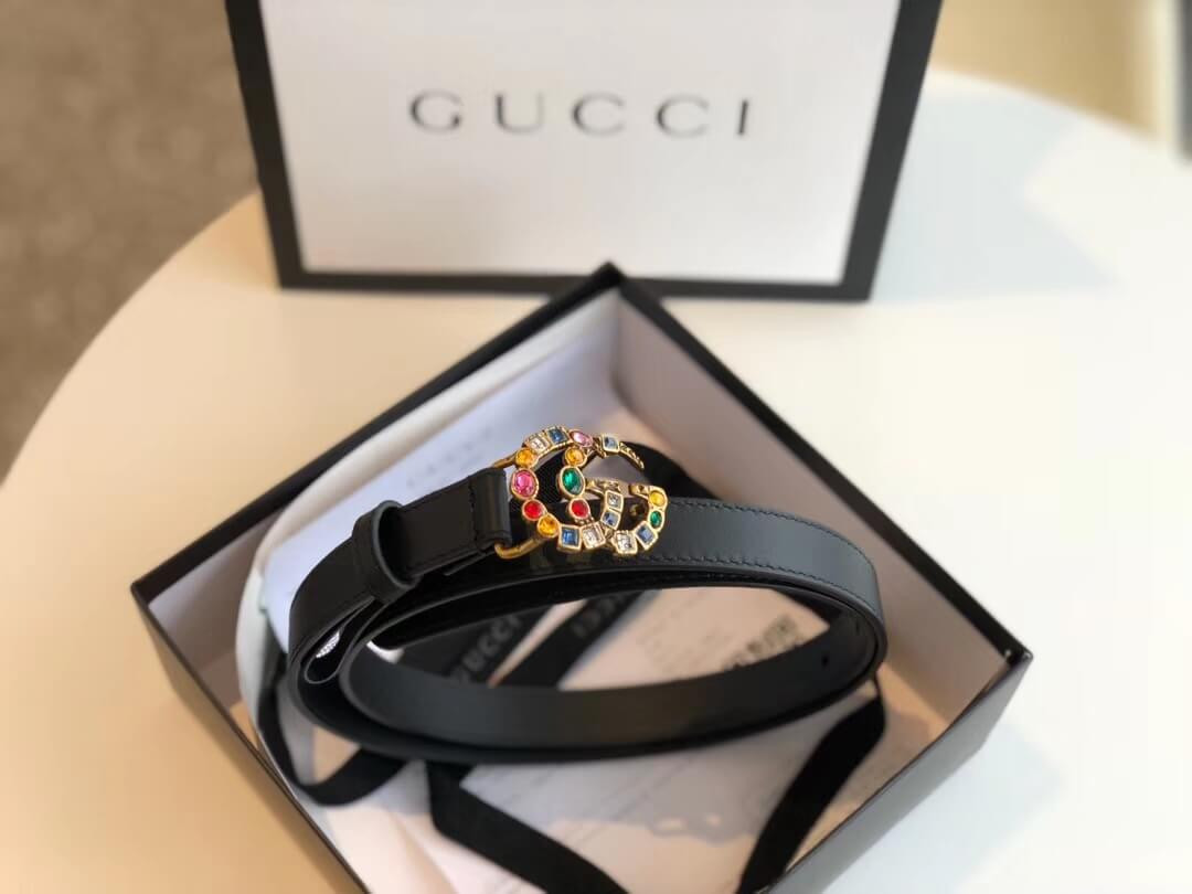 Gucci 20mm Leather Belt With Crystal Double G Buckle 513183