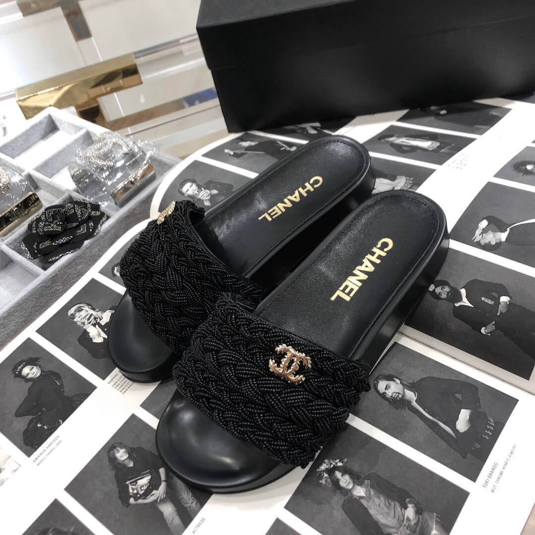 Chanel Pearls & Lambskin Black Mules G35696