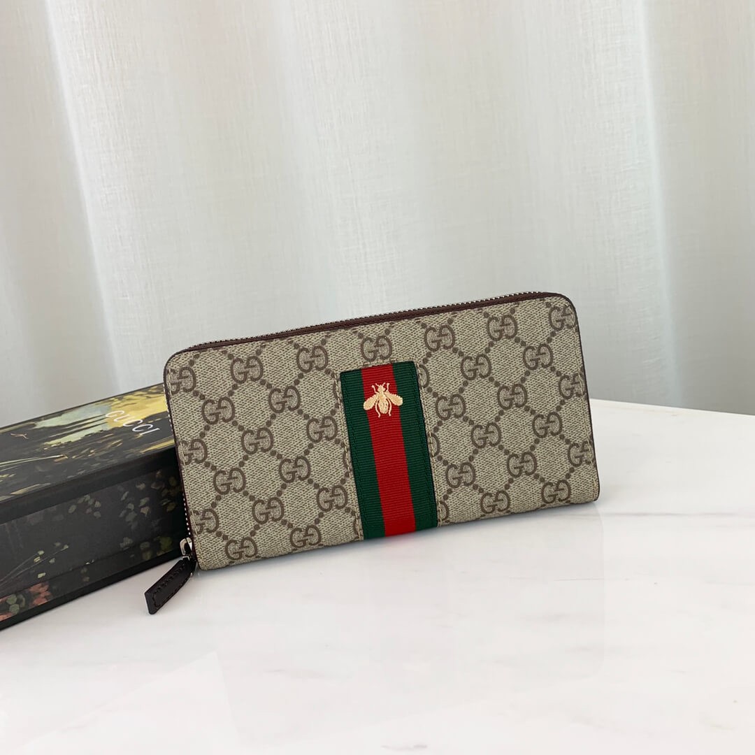 Gucci Bee Print Web GG Supreme Zip Around Wallet 408831