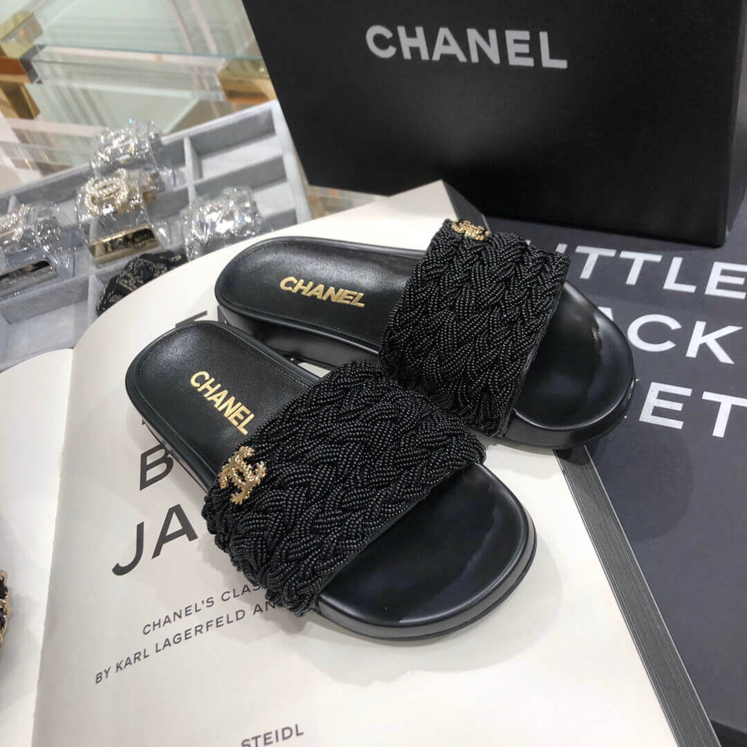 Chanel Pearls & Lambskin Black Mules G35696