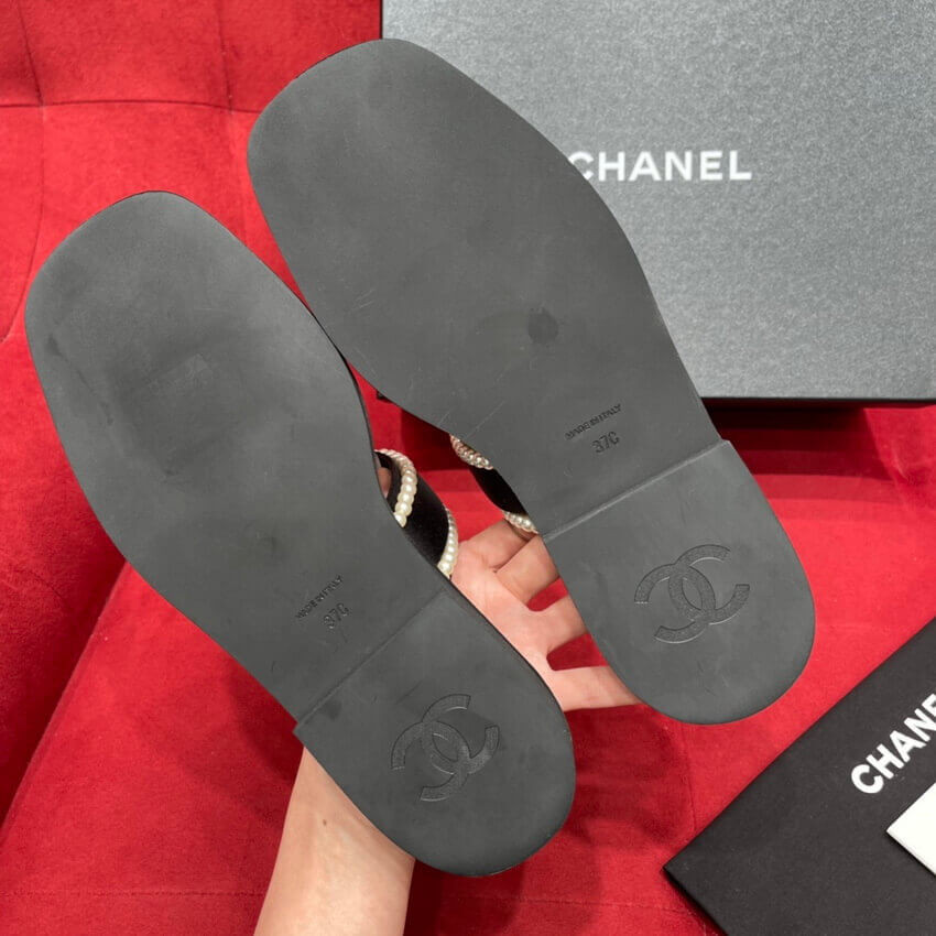 Chanel Satin & Imitation Pearls Sandals G38423 Black
