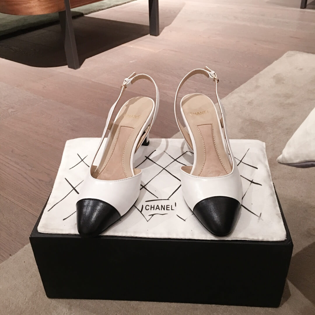 Chanel CC Cap Toe Leather Pearl Heel Slingback Pumps G31318