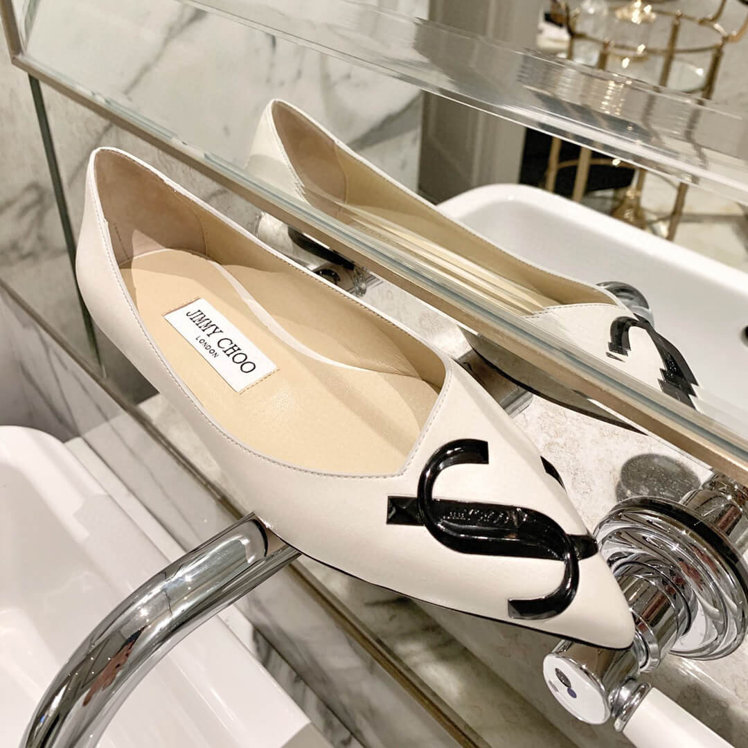 Jimmy Choo Love Flats Leather Pumps In White and Black Logo 231161