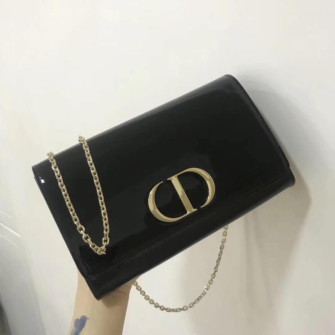 Christian Dior Black 30 Montaigne Patent Calfskin Wallet On Chain S2059