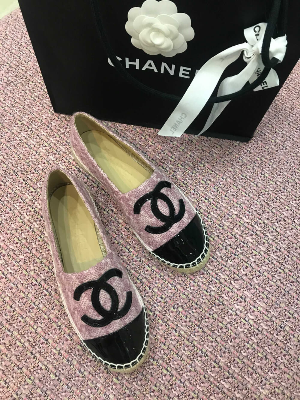 Chanel Tweed & Patent Calfskin Espadrilles G29762 Pink/Black