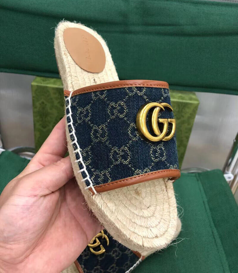 Gucci Pilar Double G Denim Slide Sandal