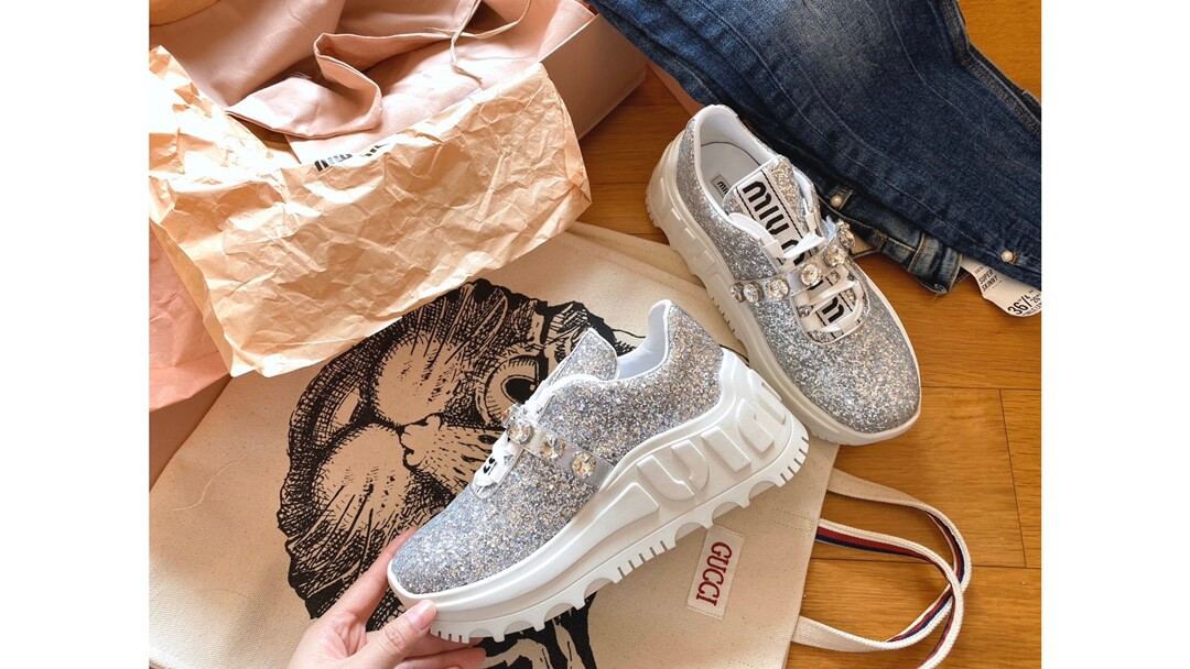 Miu Miu Glitter-Embellished Platform Sneakers 5E761