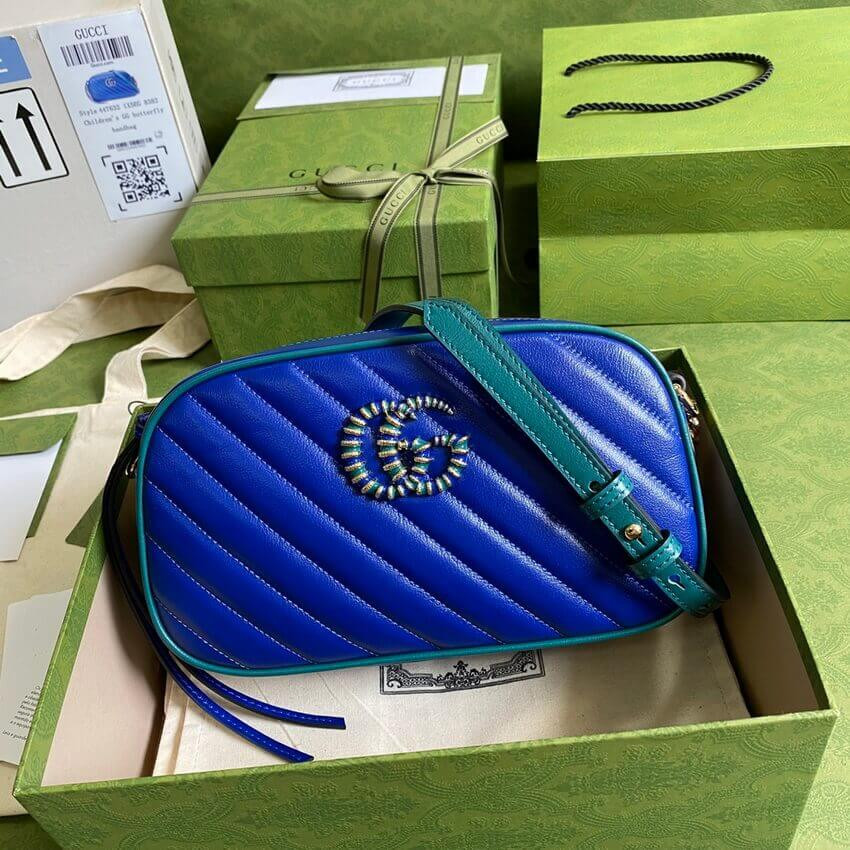 Gucci GG Marmont Small Shoulder Bag 447632 Blue and Emerald Leather