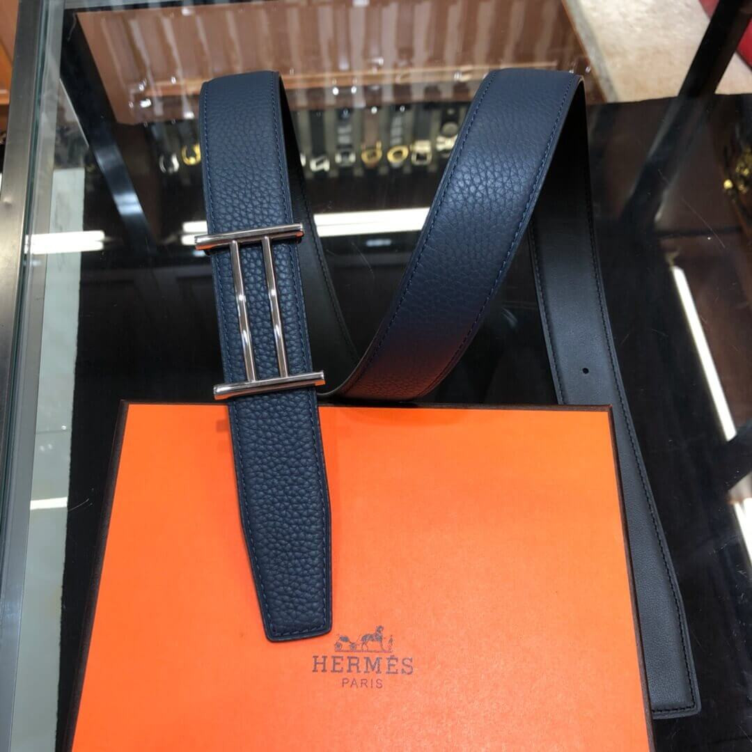 Hermes Rider Belt Buckle & Reversible Leather Strap 32mm H075372 Navy Blue/Black