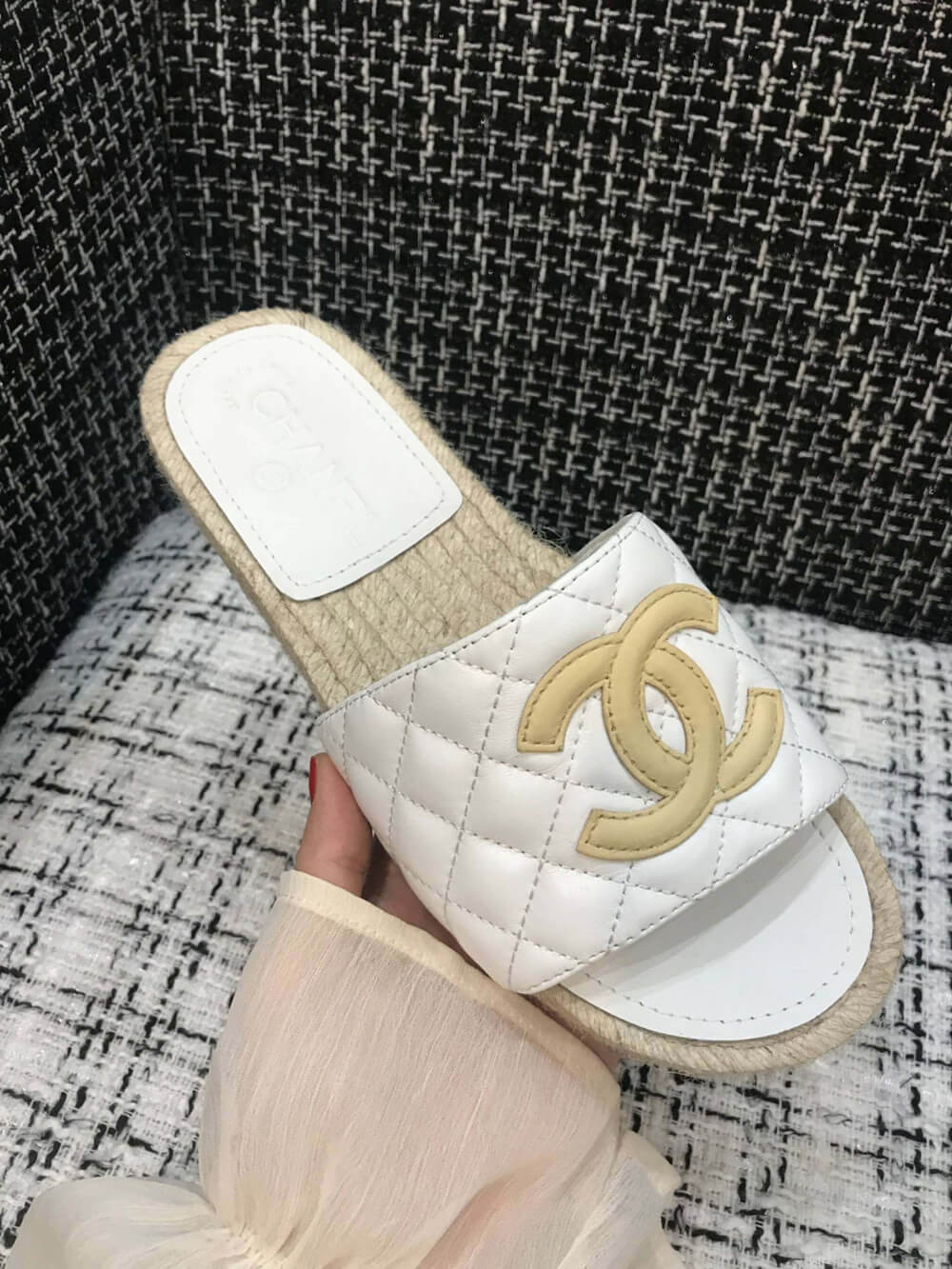 Chanel CC Quilted Mules G35604 White/Apricot