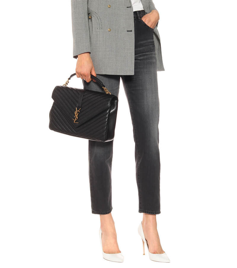 YSL Saint Laurent Sheepskin Matelasse Chevron Monogram Large College Satchel 392738 Black