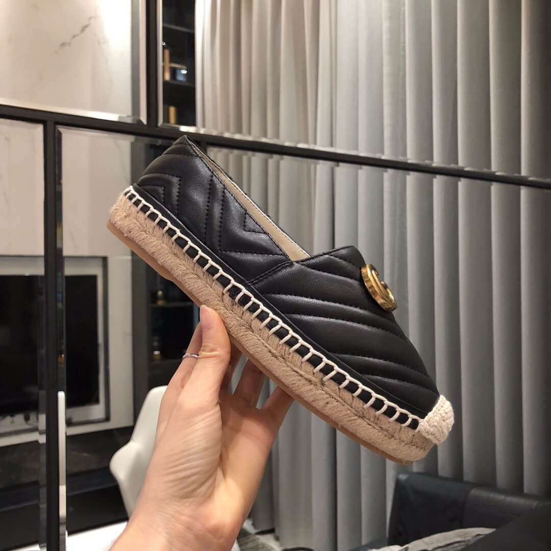 Gucci Chevron Leather Espadrille With Double G 551890 Black