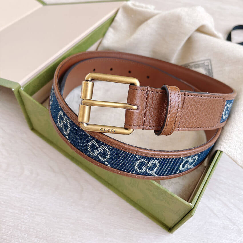 Gucci Belt With Square Buckle In Blue Denim 30mm 678694