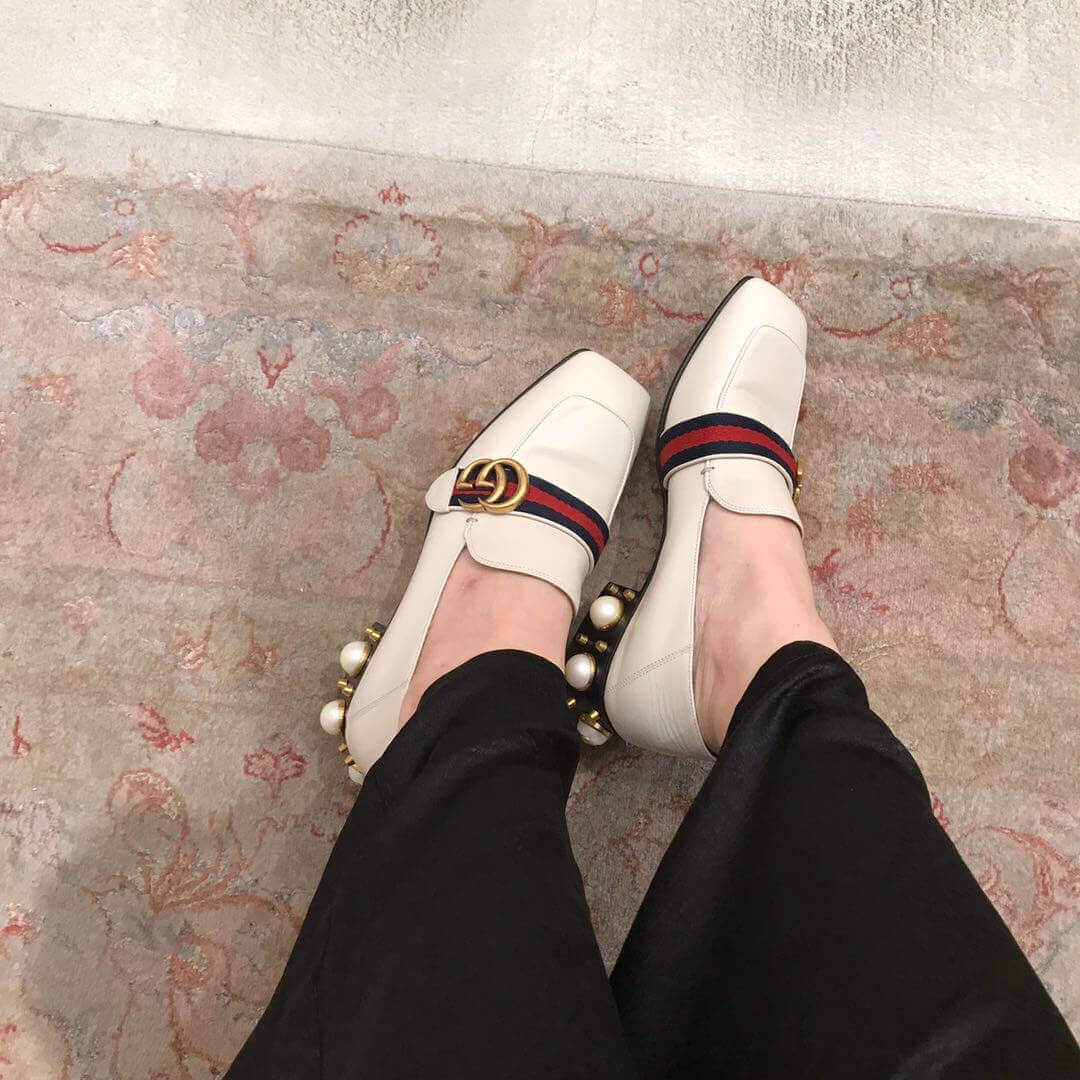 Gucci Calfskin Web Pearl Embellished Mid-Heel Loafer 423559