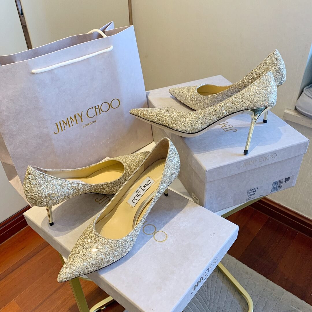 Jimmy Choo Gold Romy Glitter Fabric Pointy Toe Pumps 120011