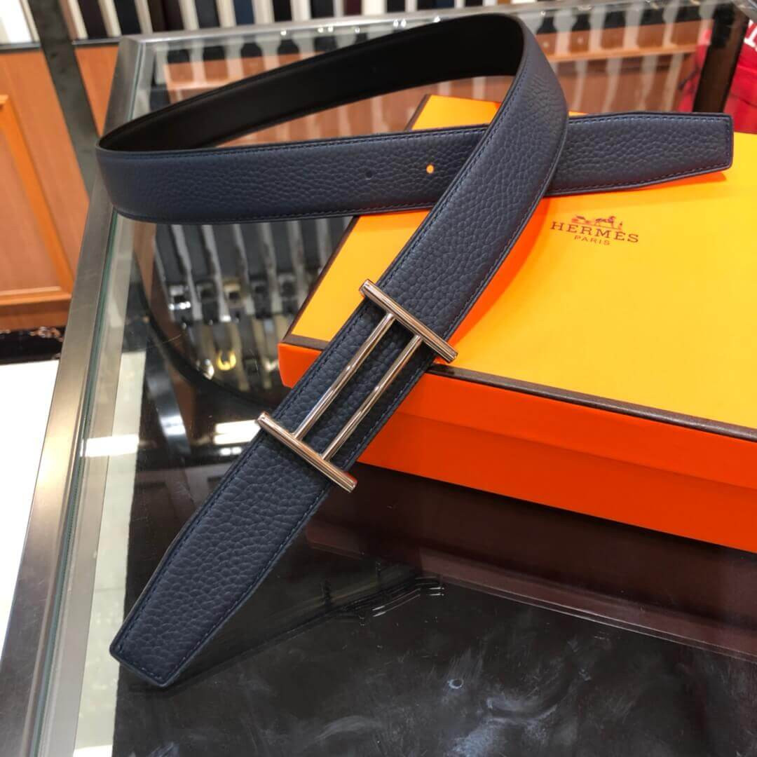 Hermes Rider Belt Buckle & Reversible Leather Strap 32mm H075372 Navy Blue/Black