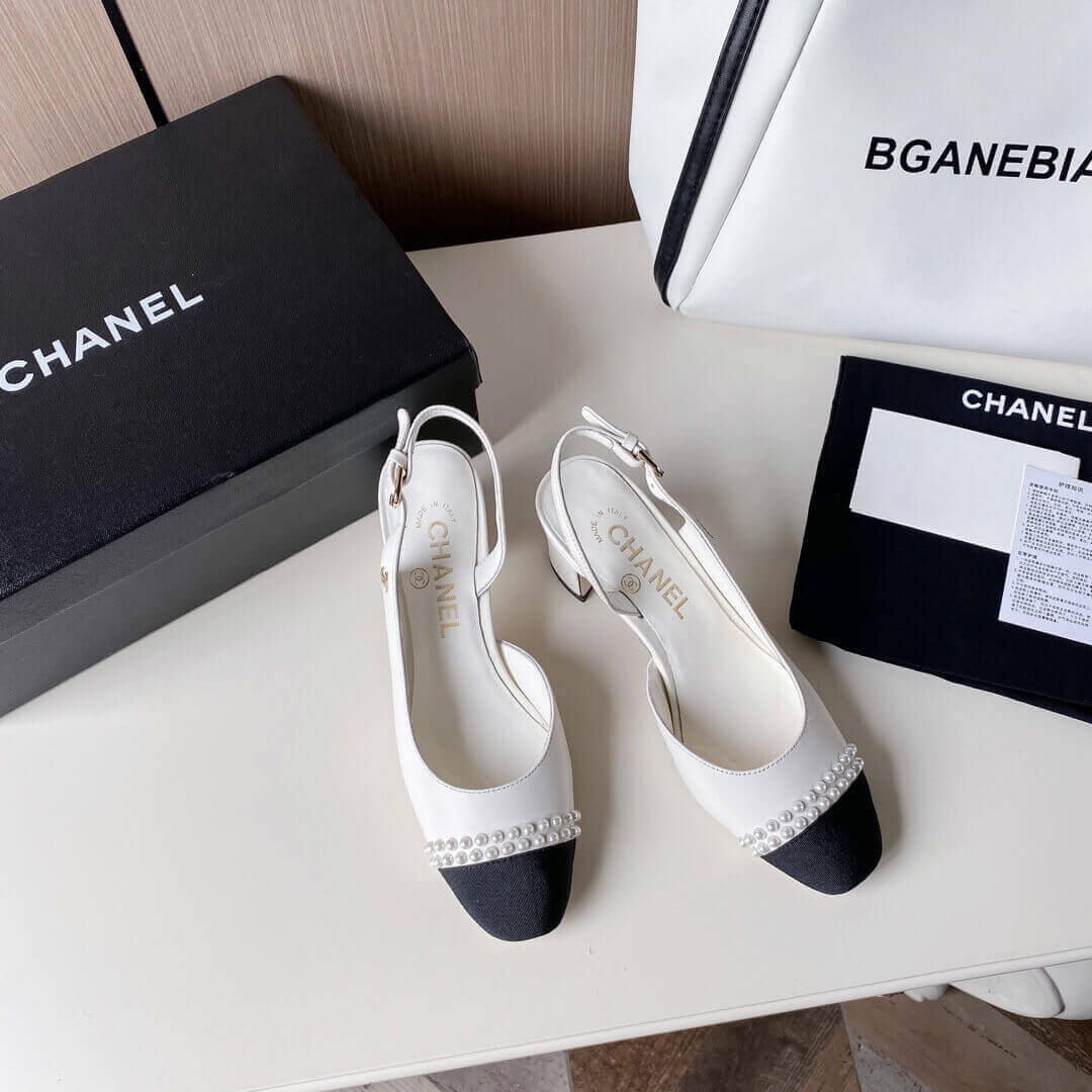 Chanel Pearl Embellished CC Cap Toe Slingbacks 36124