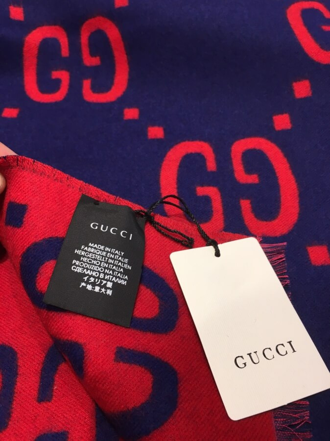 Gucci GG Jacquard Wool Silk Scarf 495592 Blue/Red