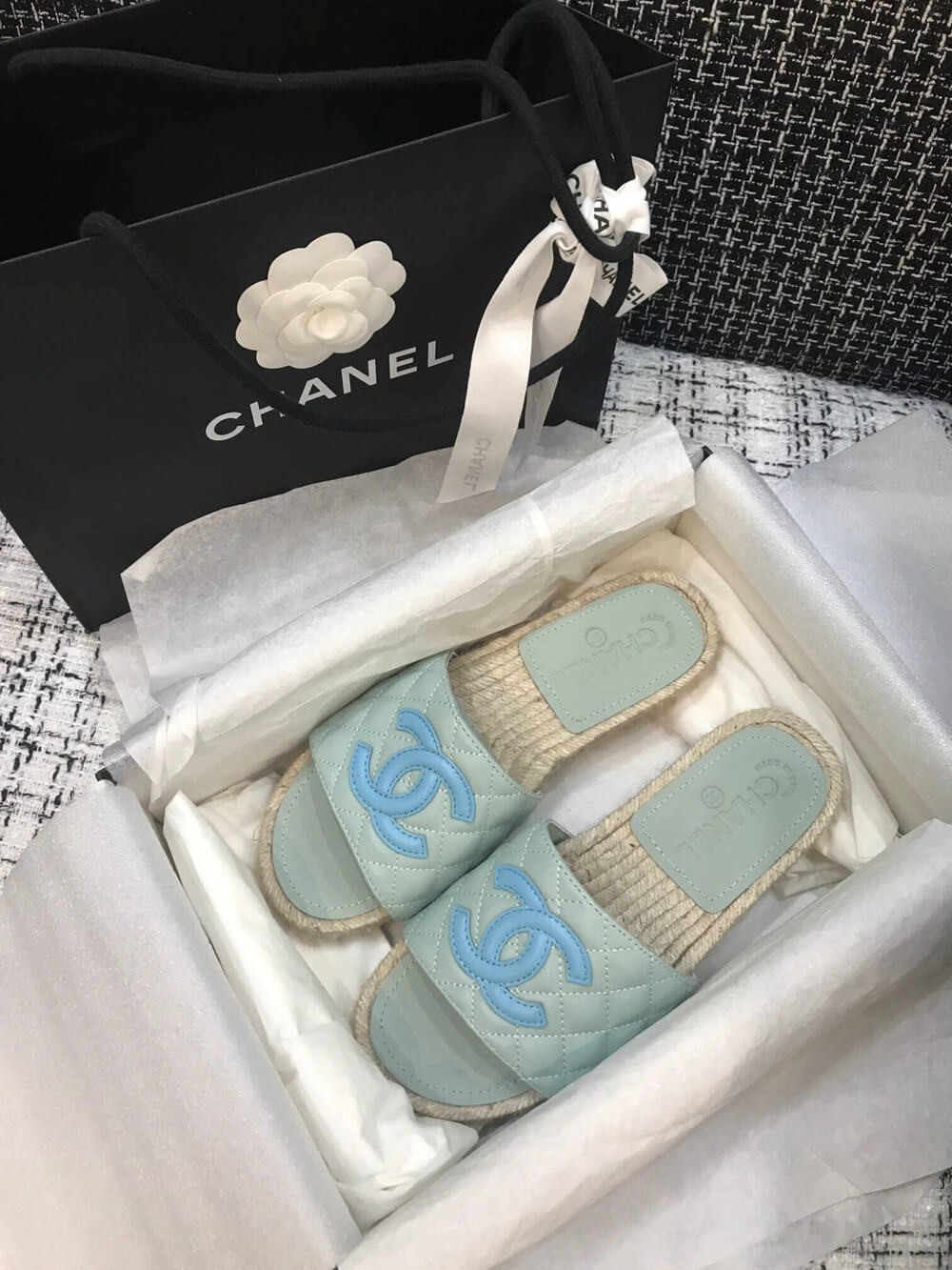 Chanel CC Quilted Mules G35604 Light Blue/Blue
