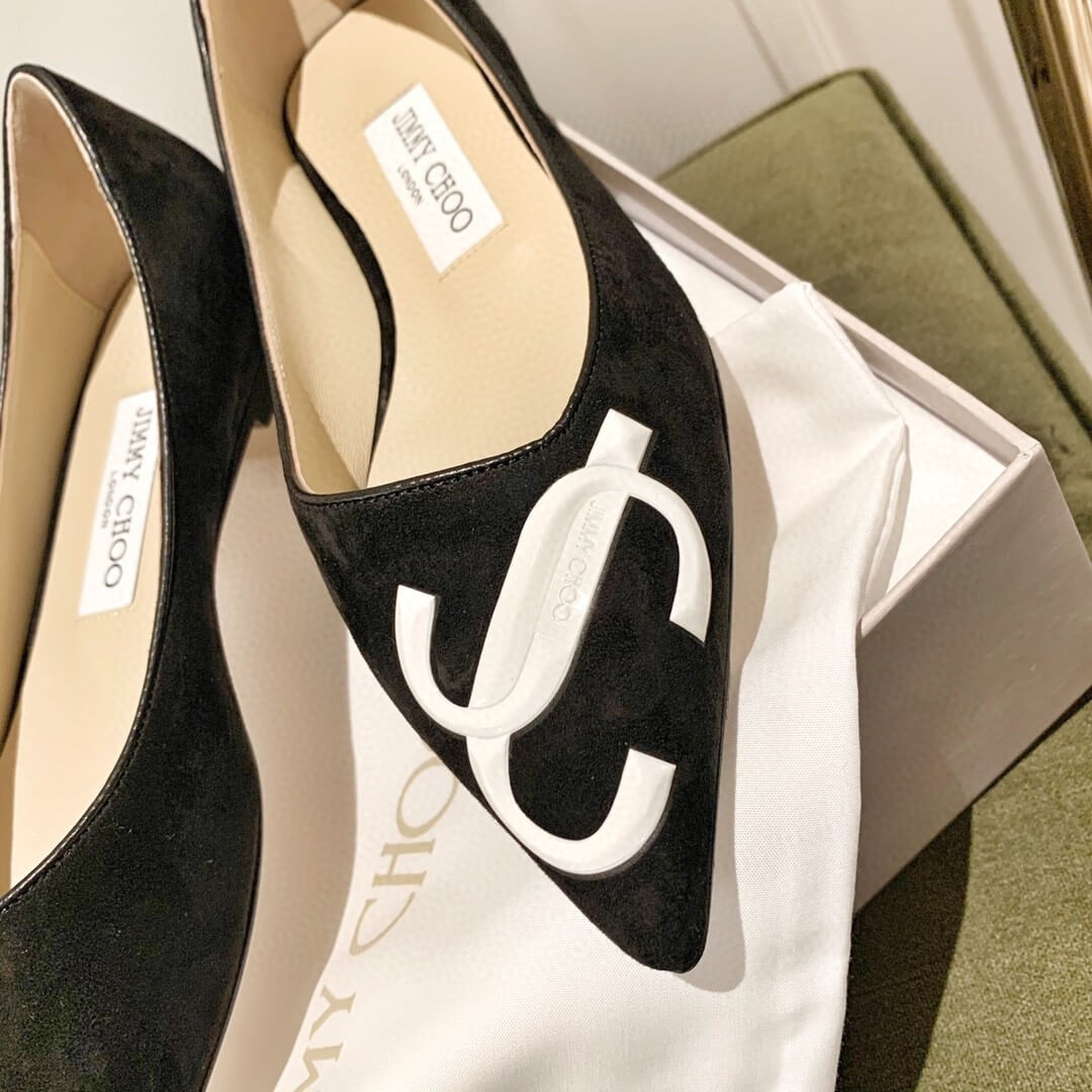 Jimmy Choo Love Flats Suede Pumps In Black and White Logo 231161