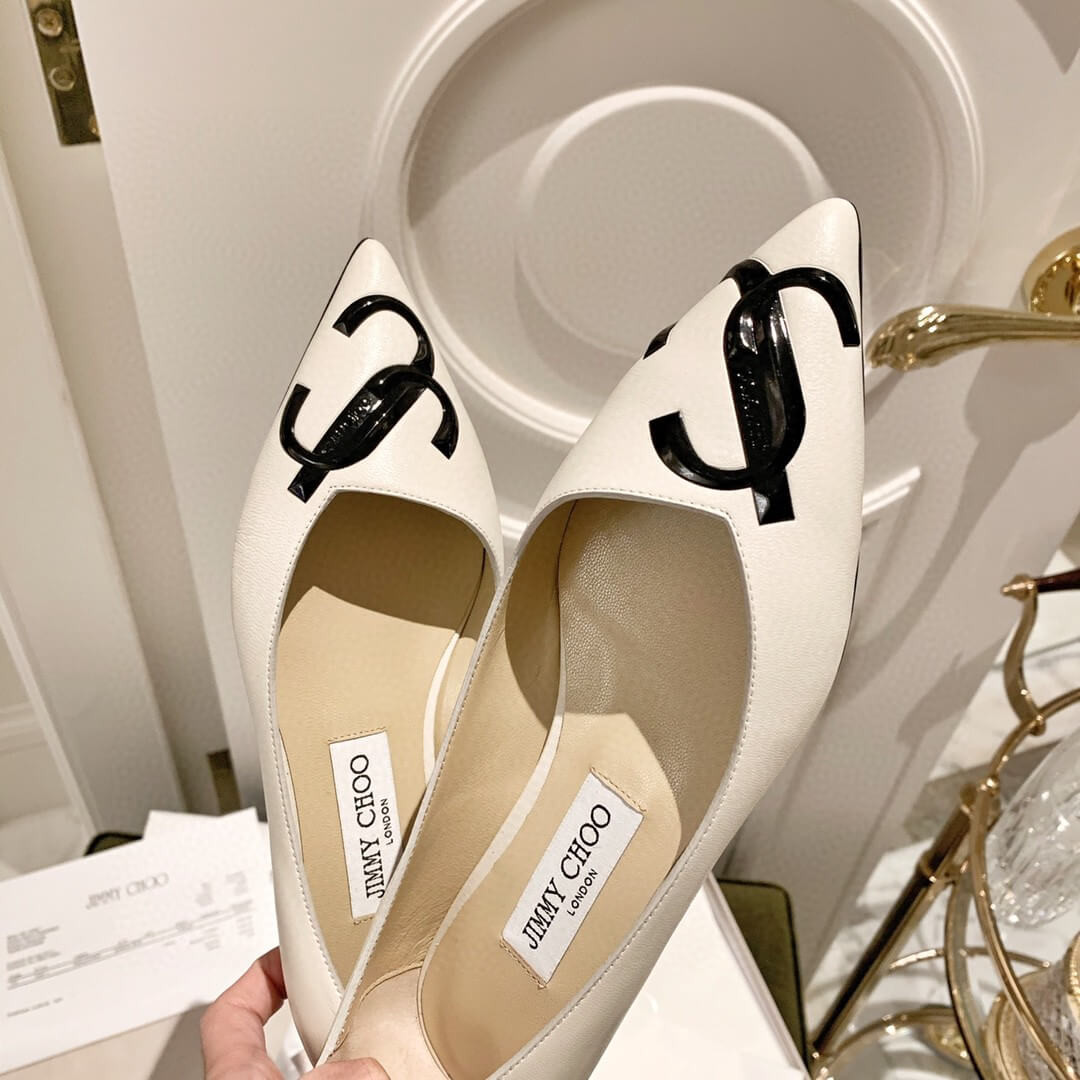 Jimmy Choo Love Flats Leather Pumps In White and Black Logo 231161