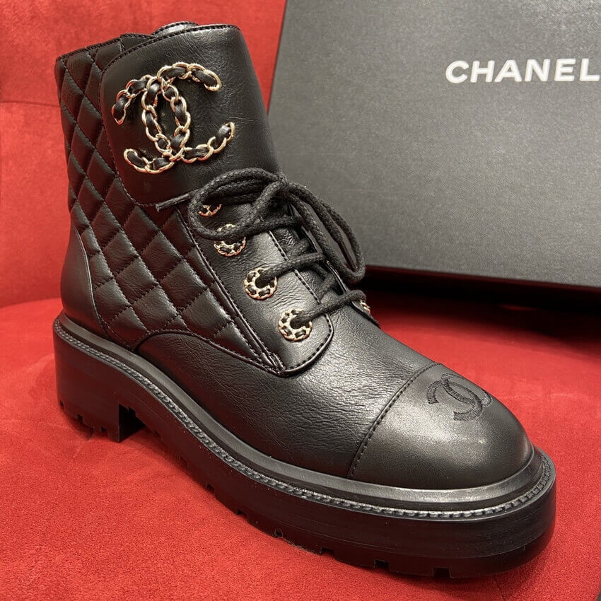 Chanel Black Quilted Gold CC Logo Chain Combat Lace Up Boots G36424
