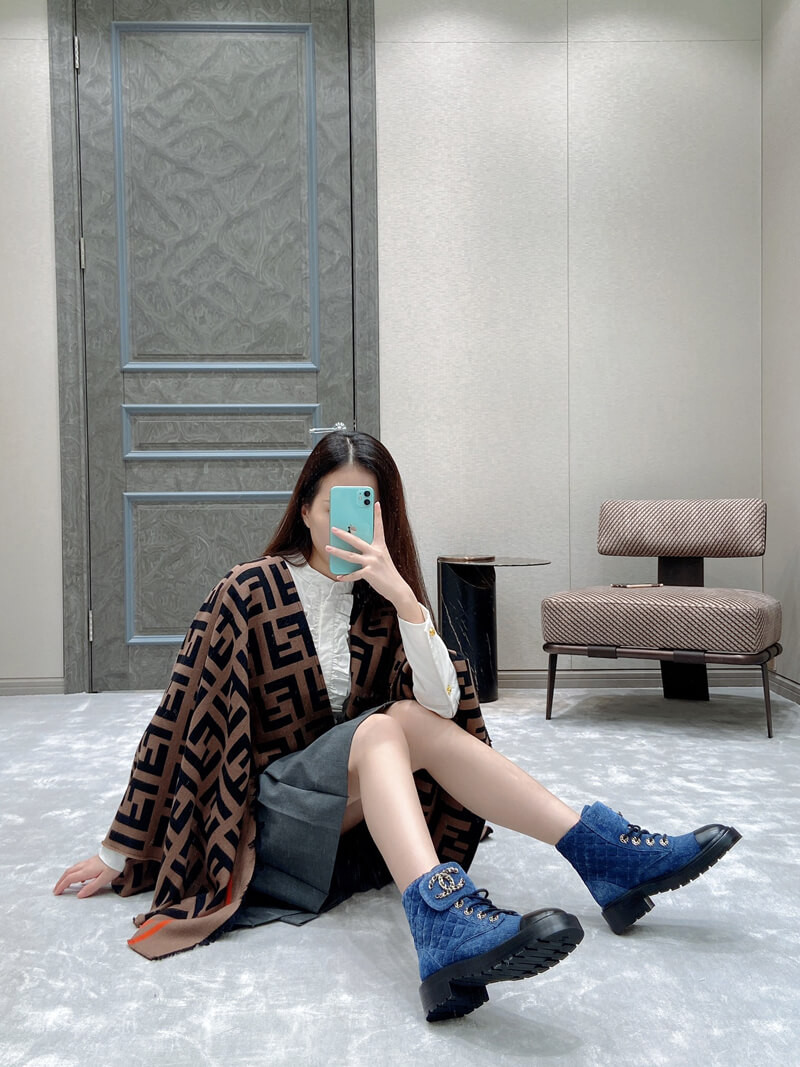 Chanel Blue Denim Quilted Lace Up Boots G36424