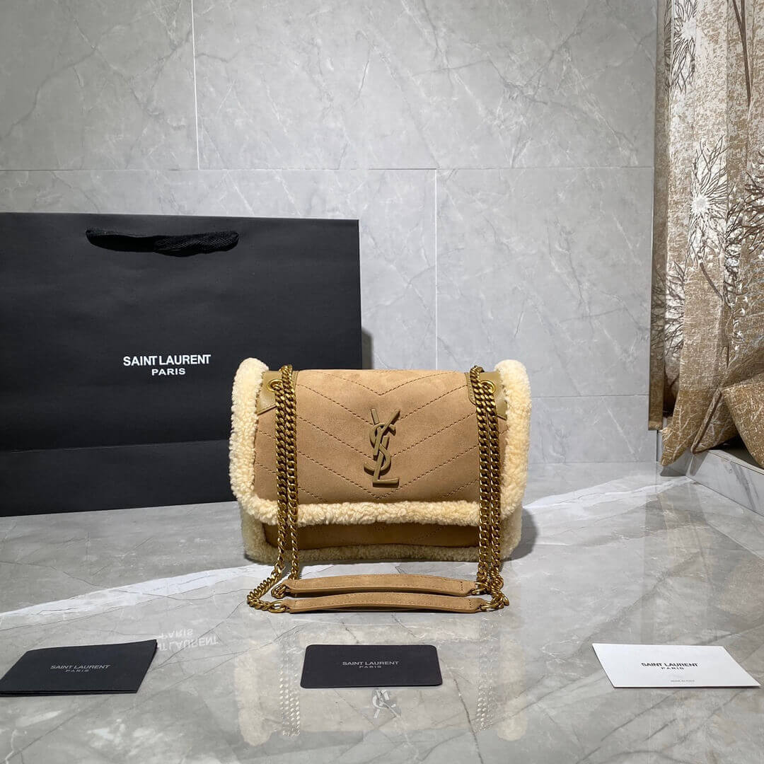 YSL Saint Laurent Niki Baby Mini Shearling-Trimmed Nubuck Shoulder Bag 533037