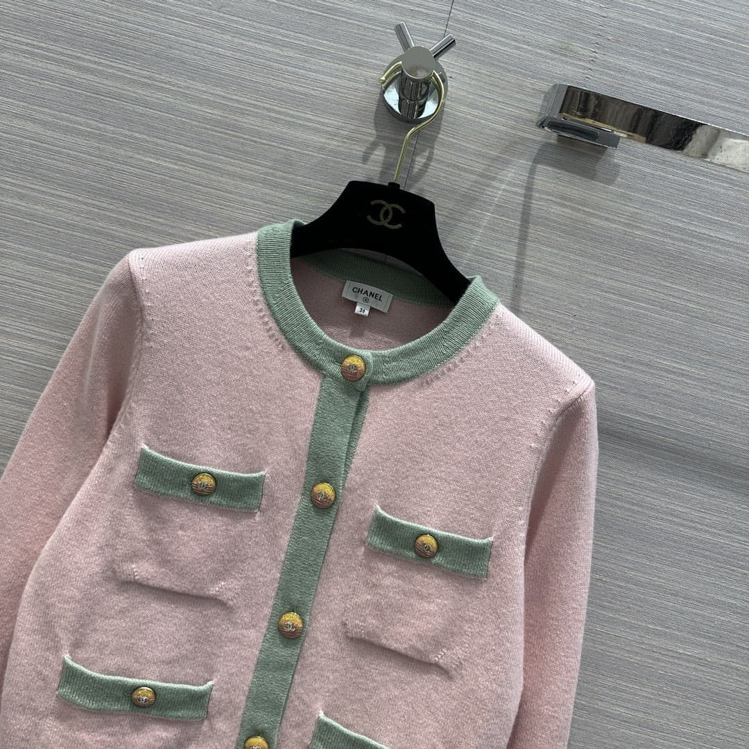 Chanel Light Pink & Light Green Cashmere Two-Tone Cardigan A92648