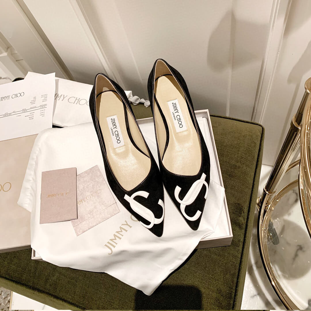 Jimmy Choo Love Flats Suede Pumps In Black and White Logo 231161