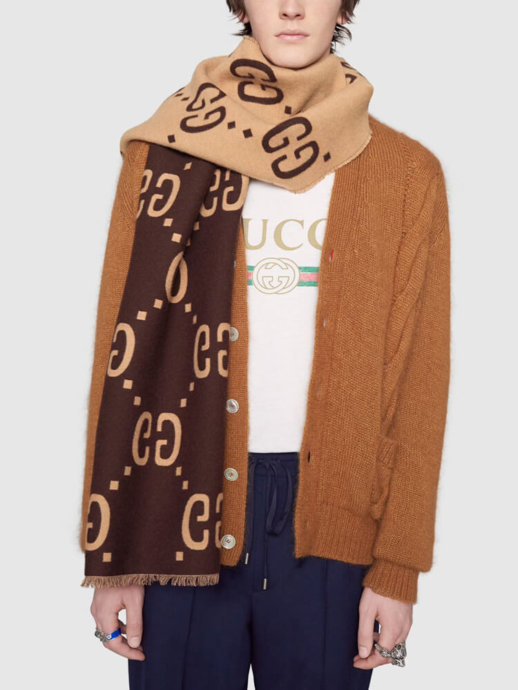 Gucci GG Jacquard Wool Silk Scarf 495592a