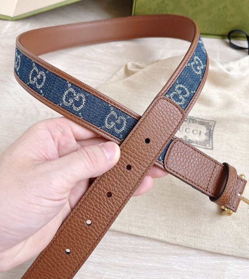 Gucci Belt With Square Buckle In Blue Denim 30mm 678694