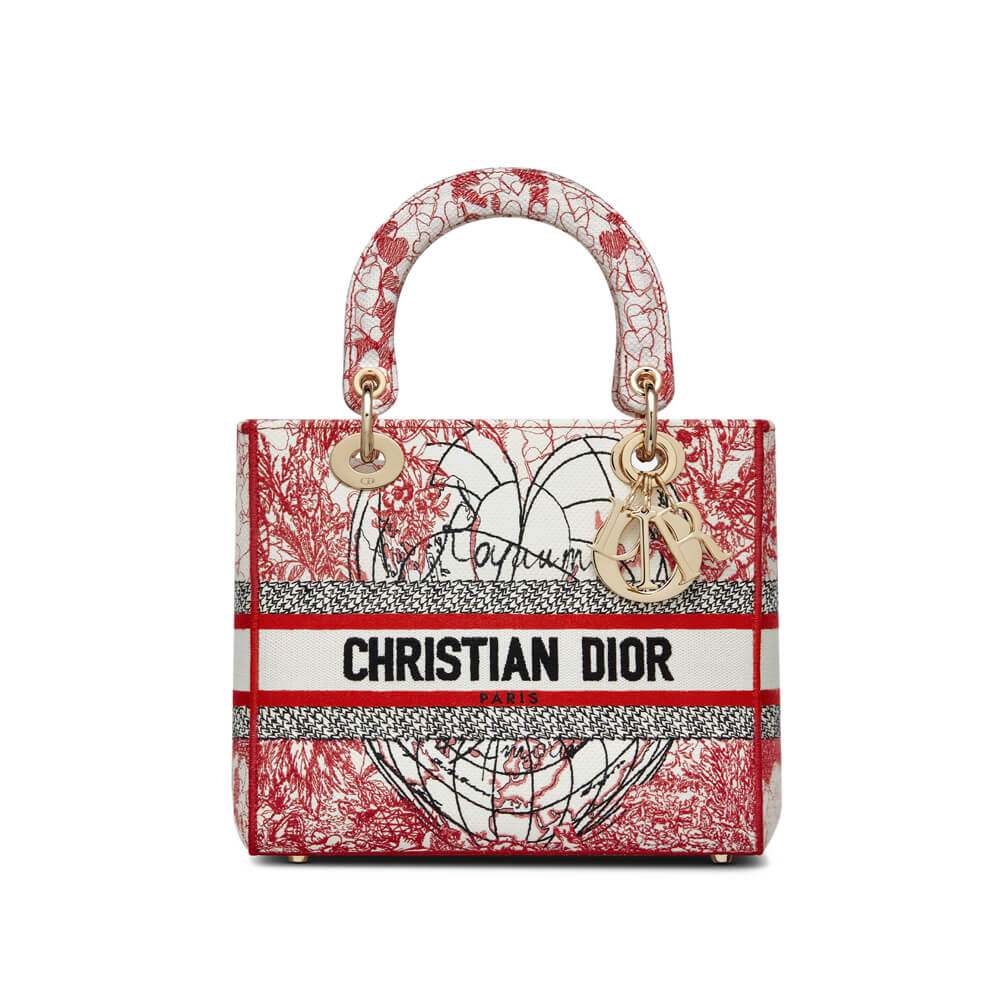 Christian Dior Medium Lady D-Lite Bag Red and White D-Royaume dAmour Embroidery M0565
