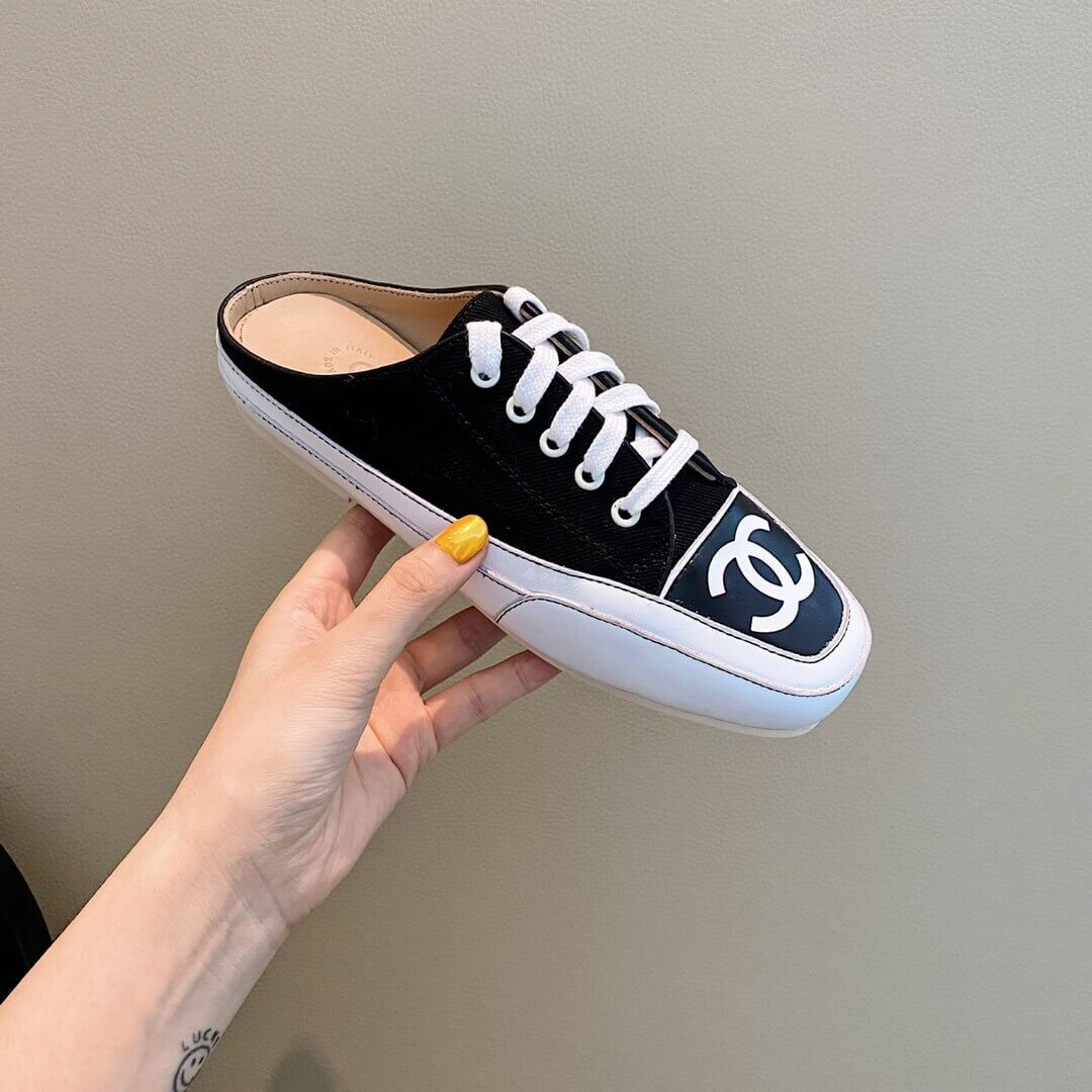 Chanel Canvas Lace Up Cap Toe Slipper 382301