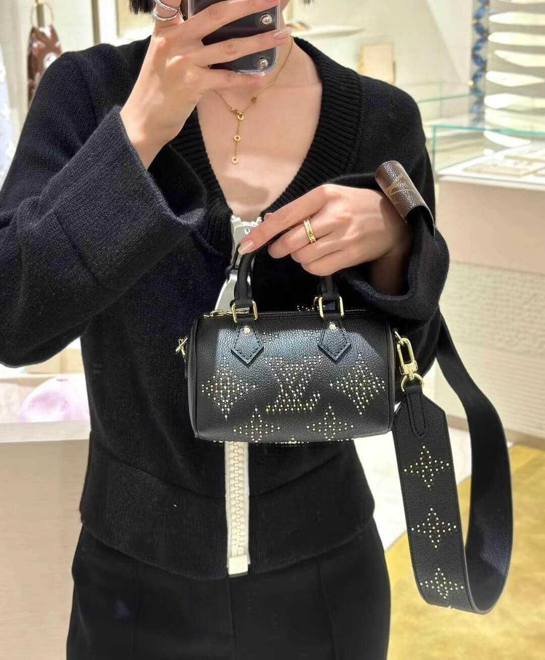 Louis Vuitton Nano Speedy M46745 Black Monogram Empreinte With Studs