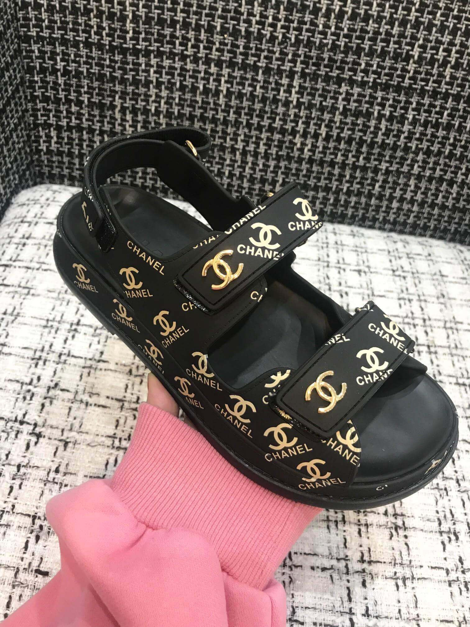 Chanel Velcro Sandals G31848 Black/Gold