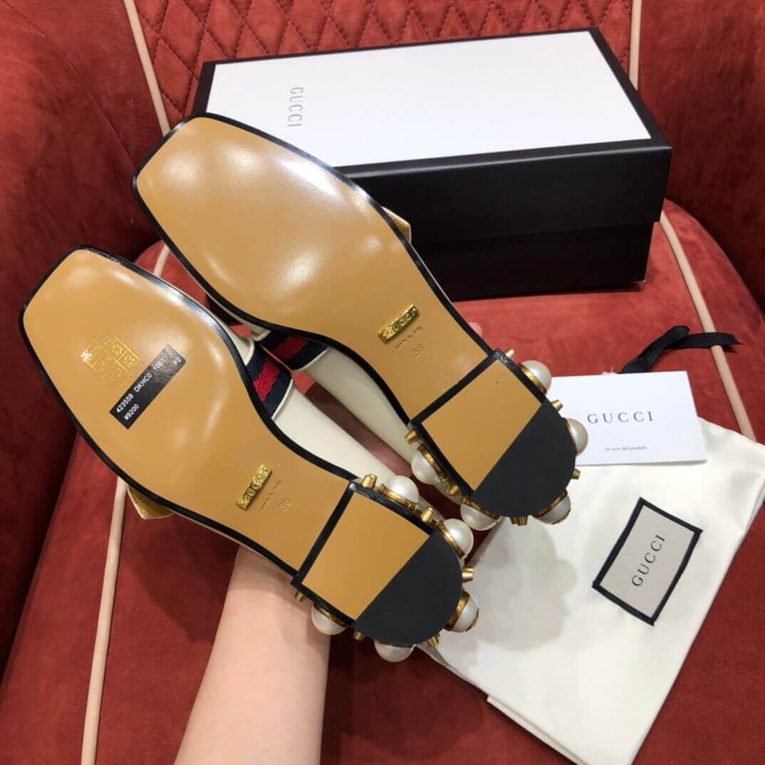 Gucci Calfskin Web Pearl Embellished Mid-Heel Loafer 423559