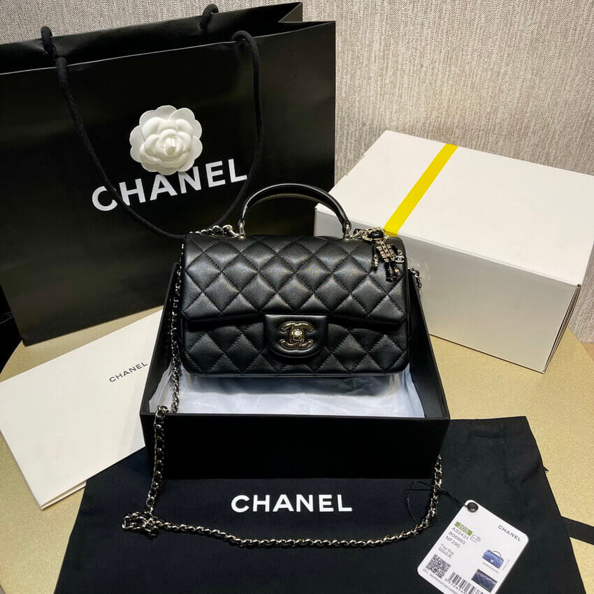 Chanel Lambskin Mini Flap Bag With Top Handle Black AS2431 with Lion Charm