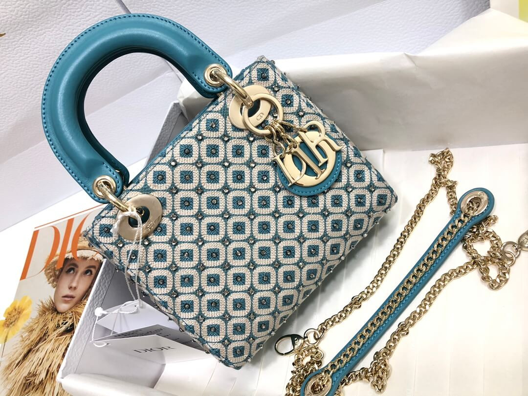 Lady Dior Mini Azure Blue Honeycomb Embroidery Bag M0505 With Two-Tone Thread And Rhinestones