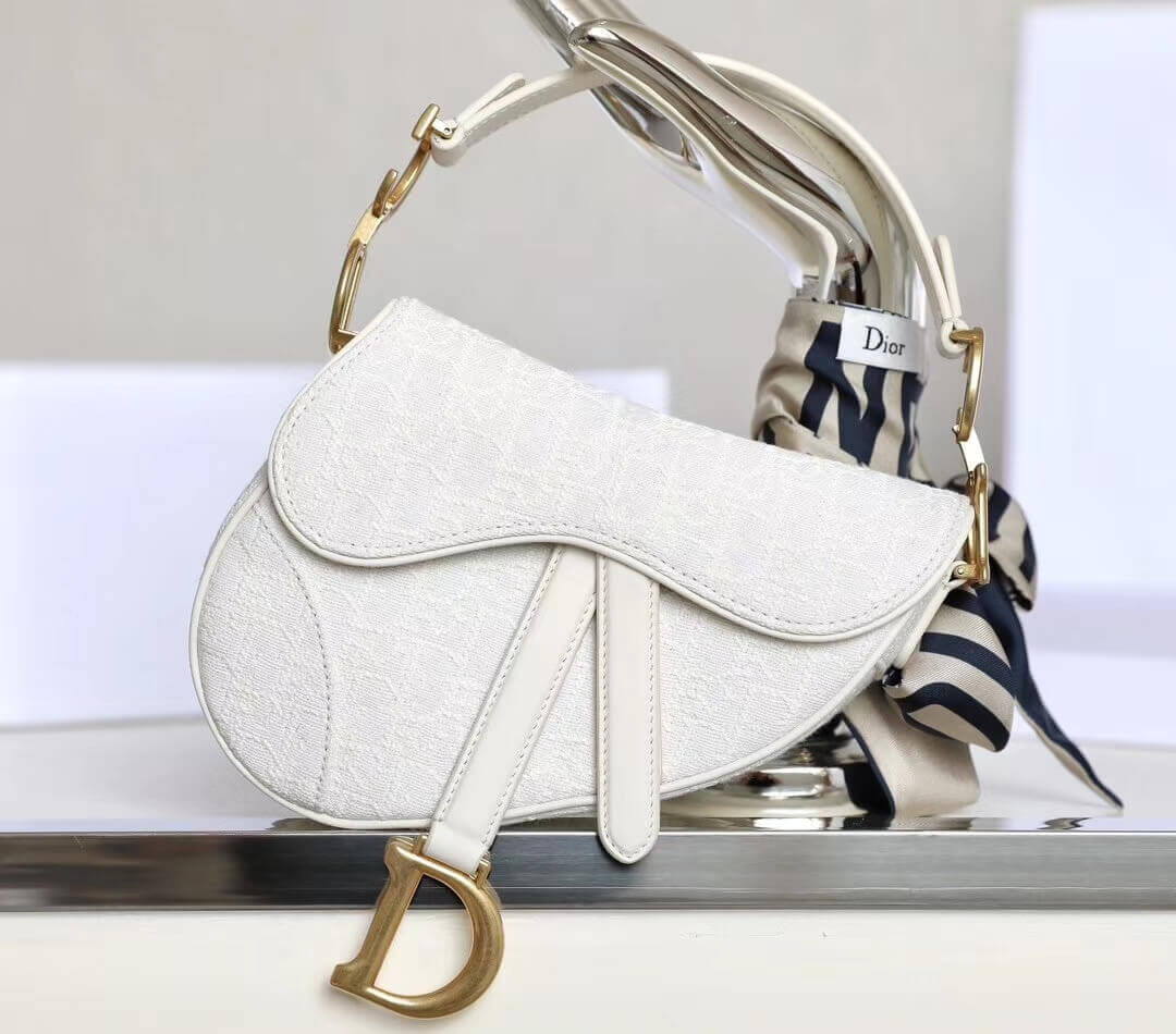 Christian Dior Mini Saddle Bag in White Oblique Jacquard M0447