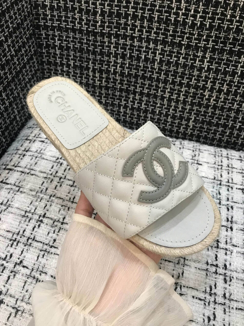 Chanel CC Quilted Mules G35604 White/Grey