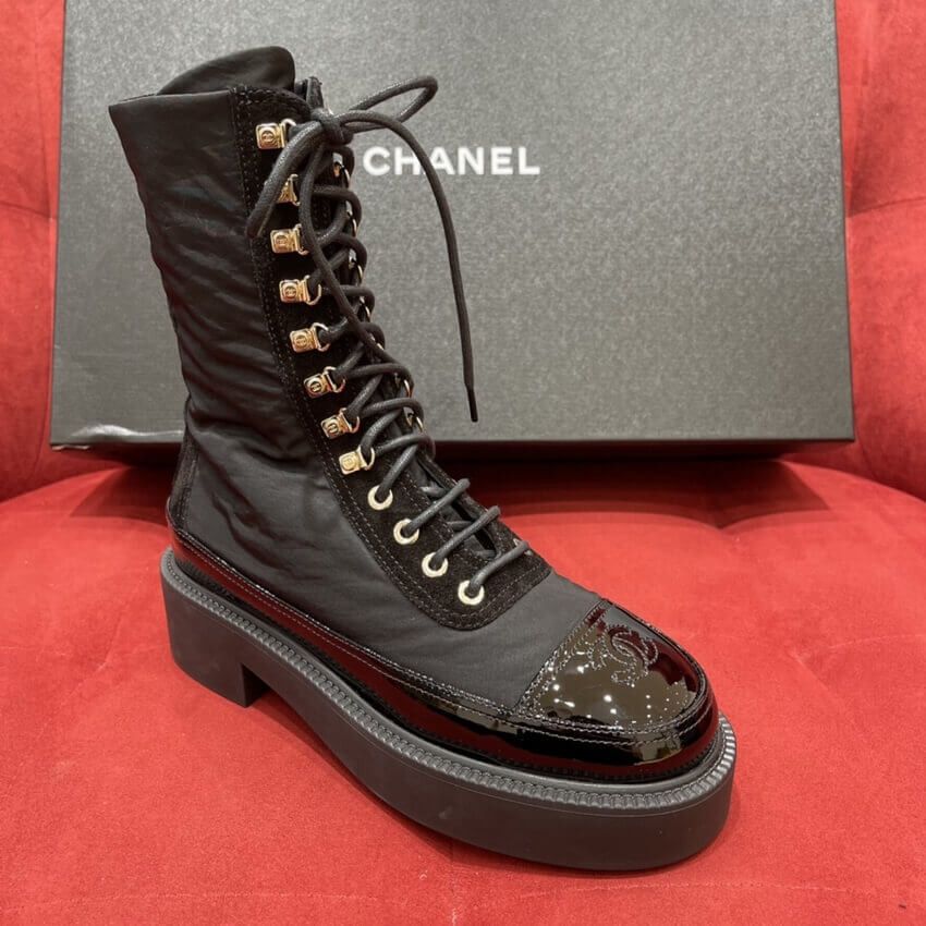 Chanel Nylon and Patent Calfskin Lace-Ups Boots G38086 Black